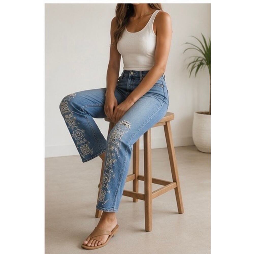NWOT MOTHER Mid Rise Hiker Hover Floral Embroidered Jeans Tequila Sunset 26” - Picture 6 of 12